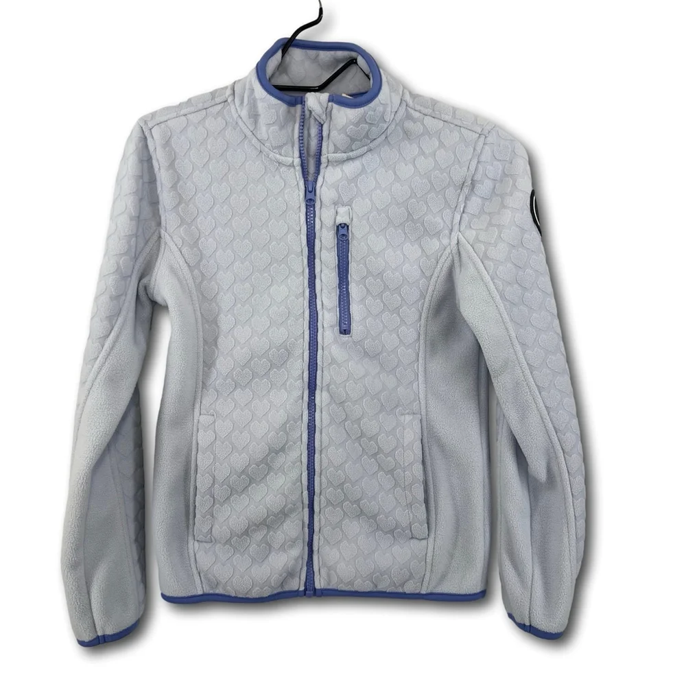 Reebok Girls' Fleece Jacket Blue Size 10/12 Embossed Hearts Full Zip Mock Neck